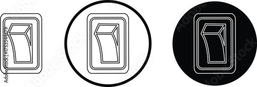 Black switch button icon set, electric toggle collection, power control symbol group, on off rocker outline and flat design, electrical switch vector pack in line style