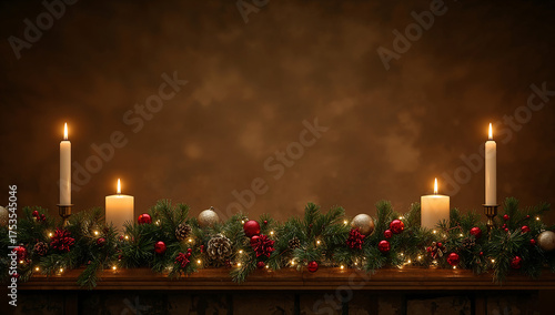 Three lit candles on a rustic mantel with pine garland and ornaments; empty space above for text overlay; warm ambient glow