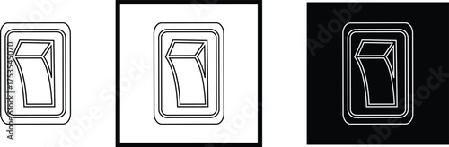 Black switch button icon set, electric toggle collection, power control symbol group, on off rocker outline and flat design, electrical switch vector pack in line style