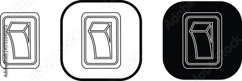 Black switch button icon set, electric toggle collection, power control symbol group, on off rocker outline and flat design, electrical switch vector pack in line style