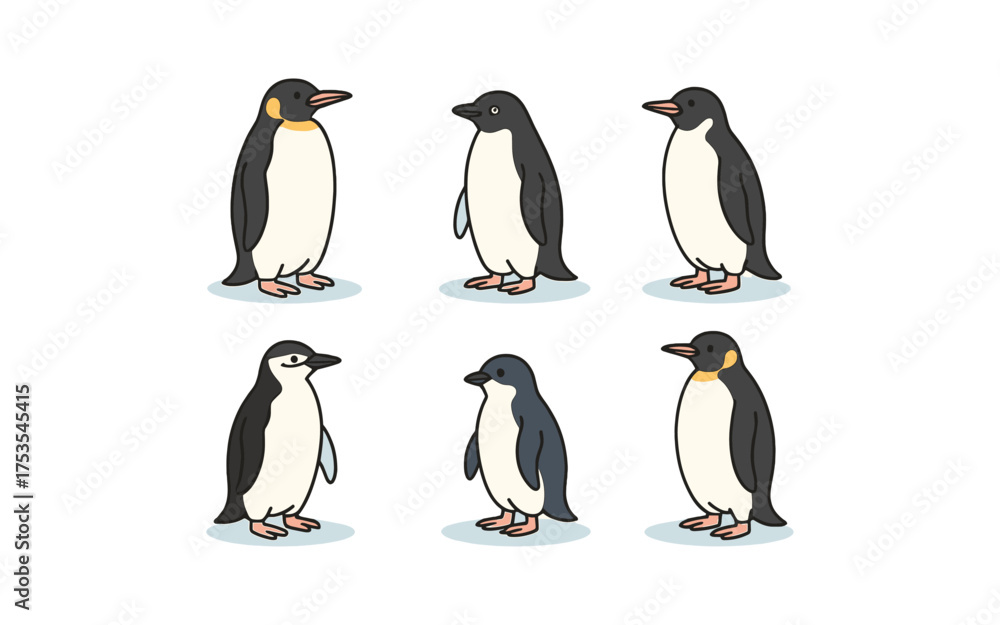 Fototapeta premium Cute cartoon penguins: six adorable penguins with unique expressions and poses