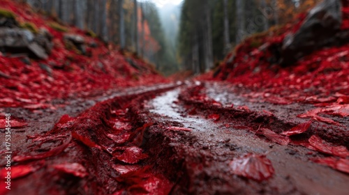 A captivating view of a forest path covered in vibrant red leaves, creating a serene and enchanting atmosphere that invites exploration and reflects the beauty of nature.