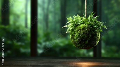 A vibrant green moss ball adorned with lush ferns is suspended, softly illuminated in a tranquil forest setting, highlighting nature’s beauty and serenity.