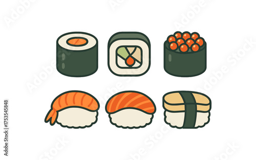 Colorful flat sushi icons featuring nigiri and maki rolls on dark background