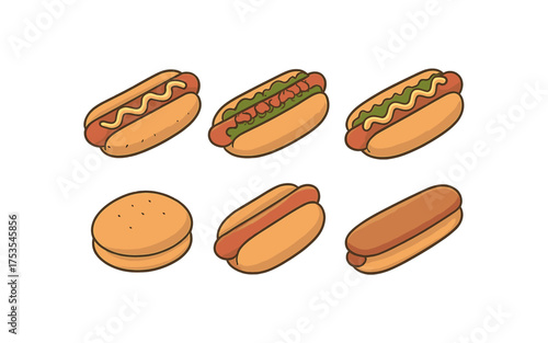 Variety of delicious hot dogs and burgers on a wooden background art