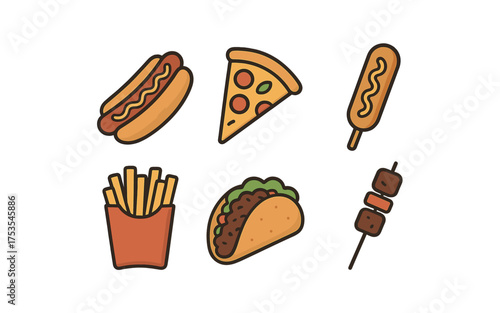 Colorful fast food icons featuring pizza, taco, and more in cartoon style