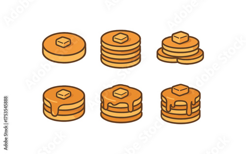 Set of cartoon pancakes with butter on brown gradient background