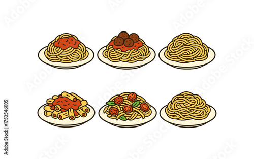 Assorted cartoon pasta dishes on plates with toppings