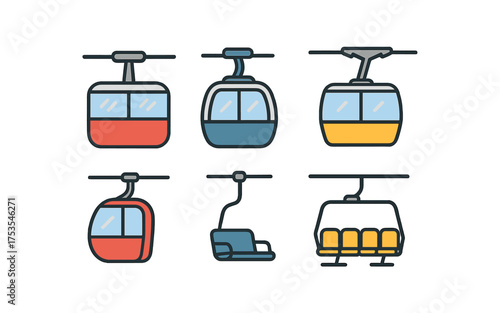 Colorful cable car icons set in flat design style