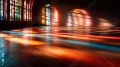 Wallpaper Mural An artistic composition showing colored light reflections created by stained glass windows, casting colorful patterns on a polished floor, showcasing the play of light and color aesthetic. Torontodigital.ca