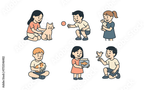 Kids interacting with pets in cute cartoon style