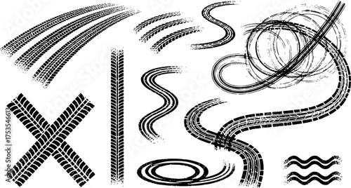 Tire tread marks after skidding, launch, drift, powerslide in motorsport, rally, off-road, motocross. Wheel texture with splash effect. Vector, EPS 10 version.