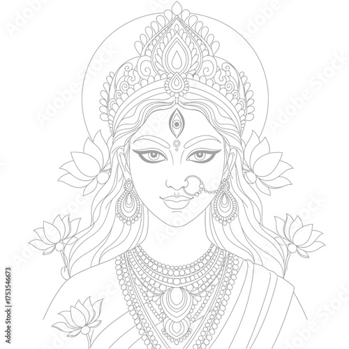 Meditative Durga Line Art for Coloring Books and Spiritual Designs, Detailed Hindu Goddess Illustration with Lotus Flowers and Intricate Jewelry Accents