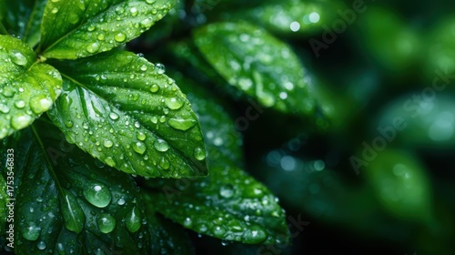 This close-up image captures vibrant green leaves adorned with glistening raindrops, symbolizing freshness, nature's beauty, and vitality in a lush environment.
