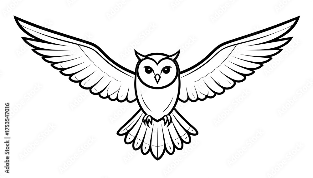 Obraz premium A simple line drawing of an owl with outstretched wings, displaying feathers and a symmetrical design. The owl is in a frontal position