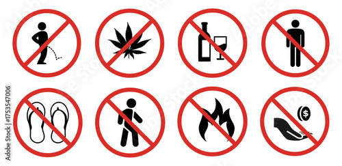 Prohibition icon set. no urination, no marijuana, no alcohol, no pedestrians, no flames, no tipping, isolated on transparent VECTOR 