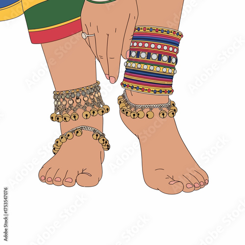 Elegant ethnic jewelry adorning woman's legs and ankles, featuring colorful bangles and traditional anklets for a culturally rich and vibrant impression