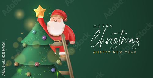 Santa climbs the ladder to put the star on the Christmas tree. Merry Christmas Banner Design Vector Illustration 