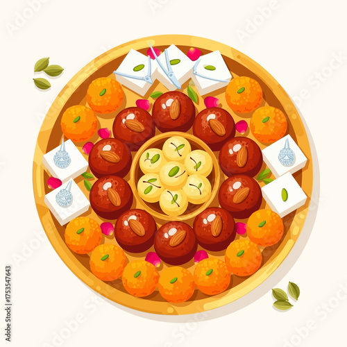 Delectable Diwali sweets arranged on a golden platter, a vibrant and colorful celebration of Indian culture, perfect for festive events and delicious treats