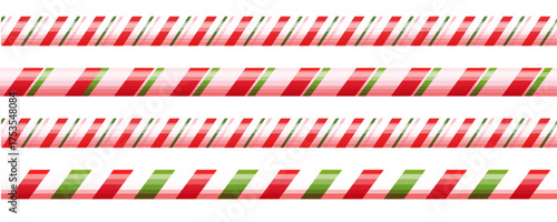 Candy cane border christmas decoration, holiday sweet seamless decor.Stripes green, red and pink color, thin and thick. Retro stick, lollipop, candycane. 