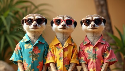 Three meerkats wearing sunglasses, Hawaiian shirts pose together. Look stylish, ready for vacation. Fun image of animals dressed for tropical summer. Great for advertising cards social media content.