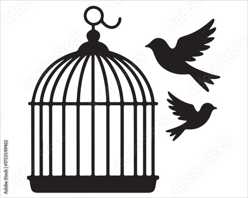 Flying birds escaping cage minimalist black vector for conceptual artwork