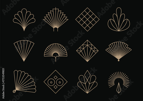 Elegant Art Deco Gatsby Design Elements,  Vintage palmette ornaments and decorative borders in 1920s style, perfect for luxury invitations, logos, posters, and ornamental design projects.