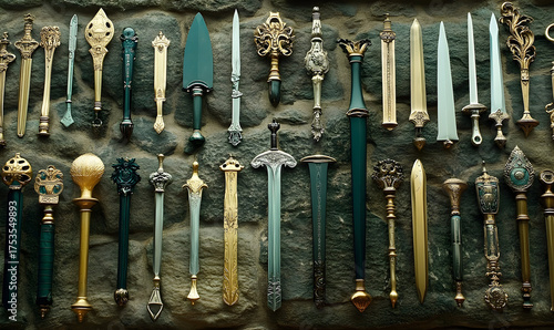 Ornate swords and daggers collection metallic textures and dark stone background