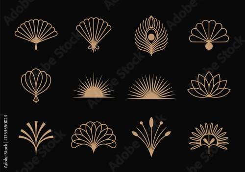 Art Deco Gatsby Palmette Ornament Collection, Elegant 1920s inspired decorative design elements, geometric vintage borders, and luxury motifs perfect for invitations, posters, branding, and retro art