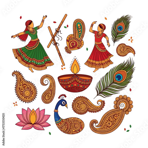 Celebrate Navratri with vibrant dancers, peacocks, and traditional Indian art illustrations perfect for festive designs and cultural celebrations this season