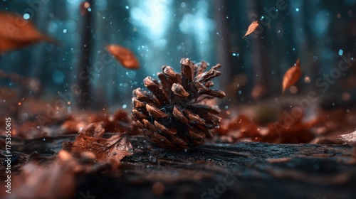 A serene close-up of a pine cone amidst a backdrop of autumn leaves, evoking feelings of tranquility and nature's seasonal beauty, perfect for calming visuals.