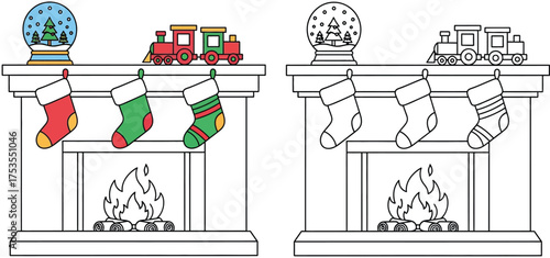 Christmas Fireplace Mantle with Stockings, Snow Globe, and Toy Trains - Coloring Page Set