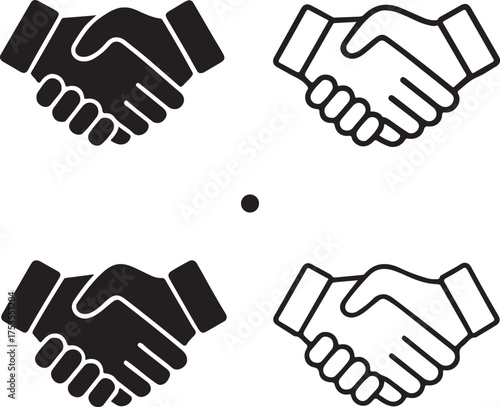 Isolated partnership icons, black handshake symbol, business collaboration vector, professional deal agreement sign, minimal teamwork illustration, corporate cooperation icon set