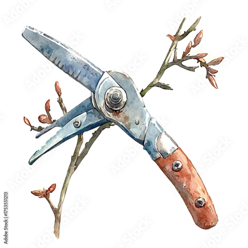 watercolor vector of Pruning Shears, isolated on a white background.