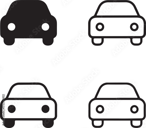 Isolated vehicle icons, black transportation car symbol, automotive travel vector, minimal thin stroke design, vehicle collection icon set, transport mobility illustration