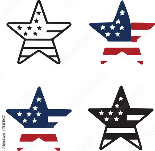 Isolated American flag star icons, black USA patriotic symbol, national emblem vector, thin stroke decorative design, minimal independence illustration, star shaped flag icon