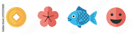 Colorful collection of four flat icons including a yellow coin, a pink flower, a blue fish, and a red smiling face.