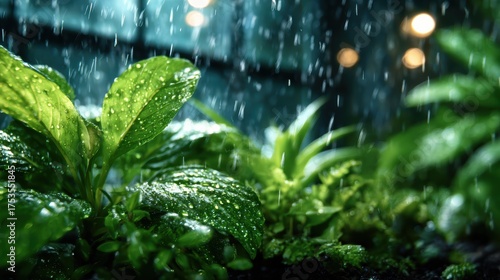 This captivating image showcases vibrant green leaves glistening with raindrops, beautifully captured in a serene moment that highlights nature's fresh beauty and tranquility.
