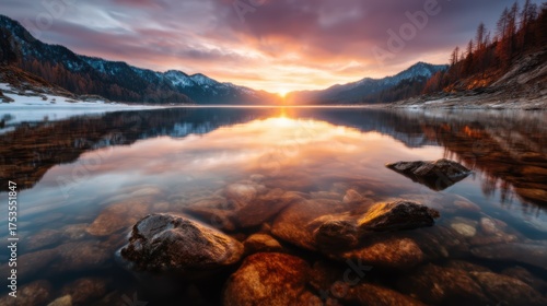 A breathtaking sunset is reflected on the serene surface of a mountain lake, creating a perfect blend of colors that enhances the beauty of nature and provides a peaceful escape.