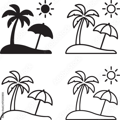 Isolated summer vacation icons, black travel holiday symbol, beach leisure vector, minimal thin stroke summer elements, tropical relaxation icon set, vacation design collection