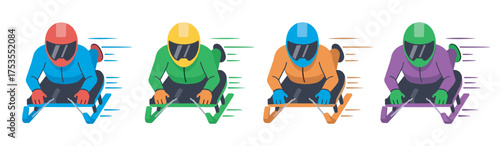Four stylized figures in colorful racing suits and helmets engaged in skeleton sledding, showcasing dynamic motion and speed.