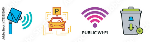 Four colorful icons depicting a speed camera, a car with a parking sign, a public wi-fi symbol, and a trash bin with a recycling logo.