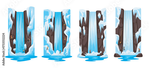 Four vertical ice walls each feature a unique waterfall cascading down, with climbers scaling the icy surfaces.