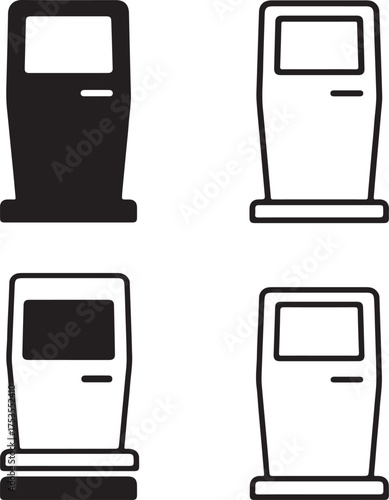 Isolated kiosk icons, black self service booth symbol, information terminal vector, minimal modern design, thin stroke info stand, technology service point icon set