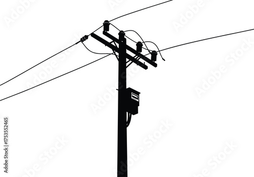 Utility pole silhouette, electrical infrastructure, power distribution, transformer box, industrial energy, urban grid, high voltage lines, insulators, crossarms, dusk scene