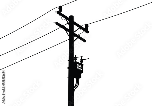 Utility pole silhouette, electrical infrastructure, power lines, transformer box, urban energy, industrial grid, insulators, cables, distribution network, voltage system