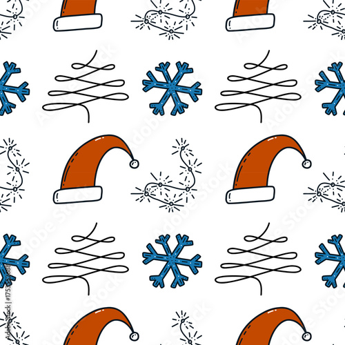 Festive holiday pattern with santa hats, blue snowflakes, and christmas lights.