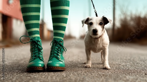 Fototapeta Naklejka Na Ścianę i Meble -  A creative composition featuring stylish green boots next to a small dog on an urban street, symbolizing companionship and individuality amidst a lively city backdrop.