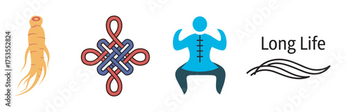 A collage of symbols representing traditional health concepts: a ginseng root, an eternal knot, a human figure in a wellness pose, and the text "long life.
