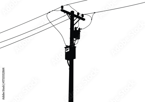 Utility pole silhouette, electrical infrastructure, power lines, transformer, insulators, industrial energy, grid system, black background, voltage, distribution network, components, wires, urban 